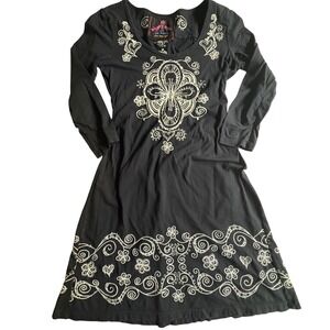 Johnny Was JW Los Angeles Blk Cotton Embroidered Long Sleeve Ruched Back Dress S